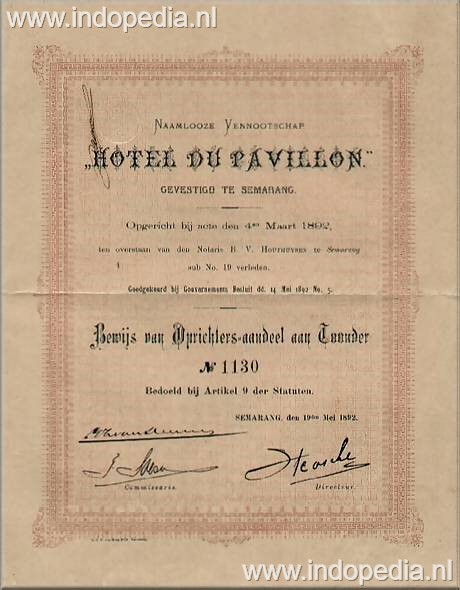 Foto: Semarang - bewijs van oprichtersaandeel aan toonder hotel du Pavillon